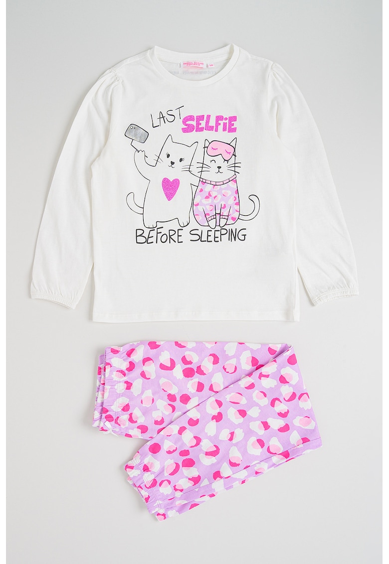Pijama din bumbac cu imprimeu grafic si text - Alb/Lila/Roz