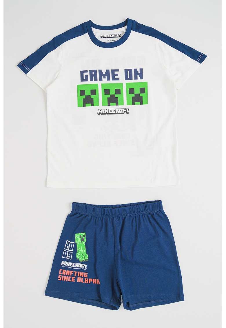 Pijama scurta din bumbac cu model Minecraft - Alb/Bleumarin