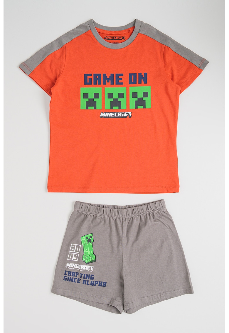 Pijama scurta din bumbac cu model Minecraft - Rosu/Maro taupe deschis