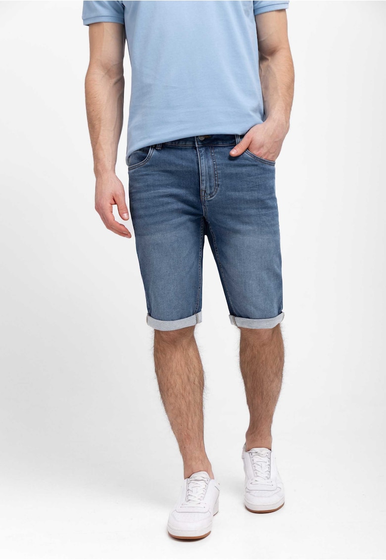 Blugi scurti cu mansete plisate - buzunare - Regular Fit - stone wash - E-Mext - albastru inchis - Albastru inchis