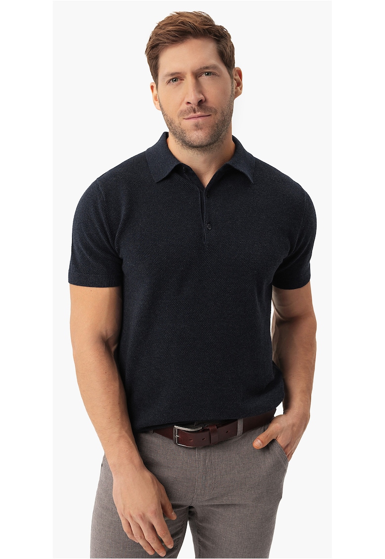 Tricou polo barbati din bumbac - tricotat - O-Lizar - albastru marin melange - Albastru marin