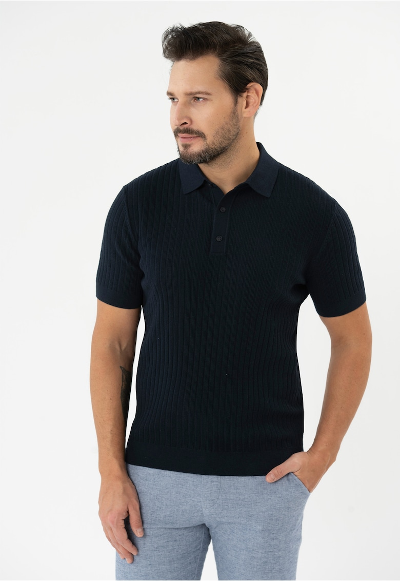 Tricou polo barbati din bumbac - tricotat - cu mansete - O-Drumi - albastru marin - Albastru marin