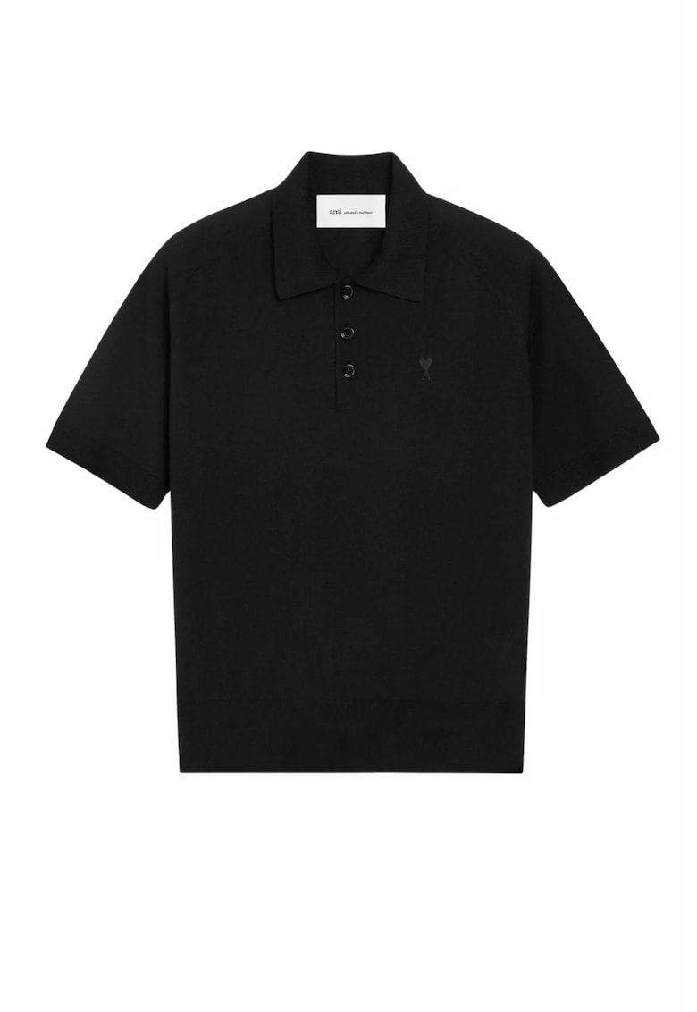 Black Wool Short Sleeves Ami De Coeur Polo - Negru
