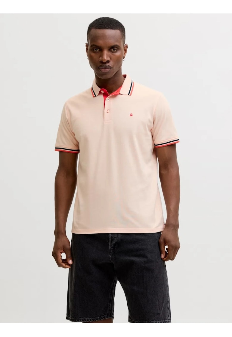 Tricou polo barbati - Slim fit cu guler contrast - Piersica -