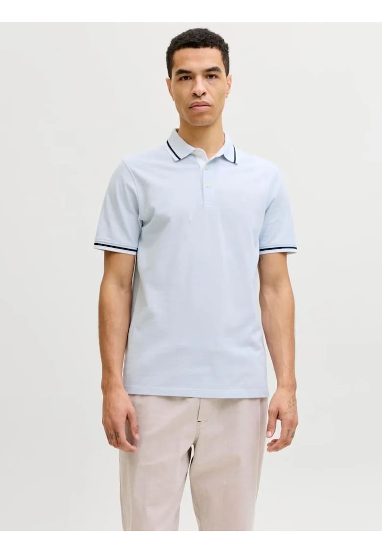 Tricou polo barbati - Slim fit cu guler contrast - Albastru deschis -