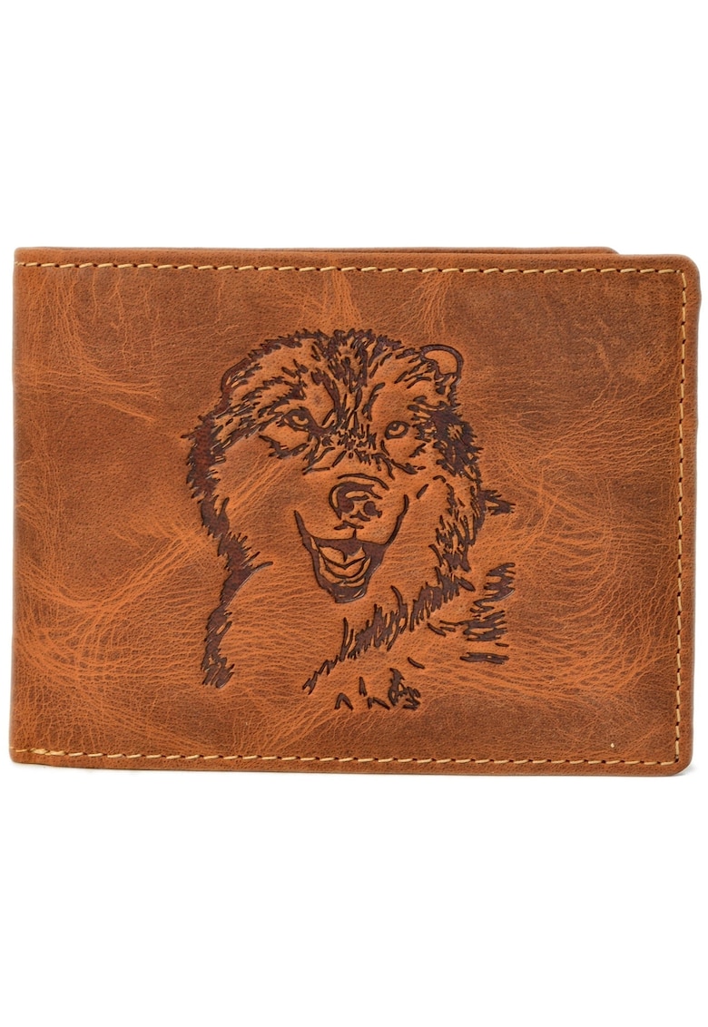 Portofel barbati piele naturala maro antichizat 12 x 9 cm - Vintage Wolf - Maro antichizat