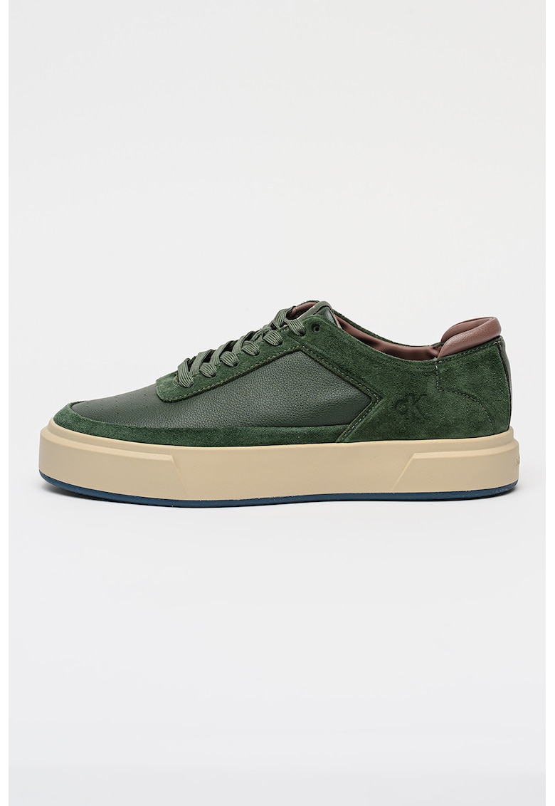 Pantofi sport low-cut de piele si piele intoarsa Basket Cupsole - Verde padure/Gri antracit