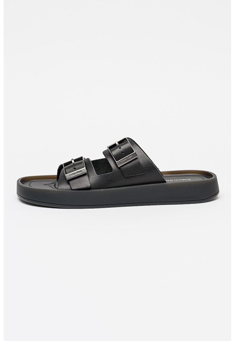 Papuci de piele cu talpa plata - Negru/Argintiu