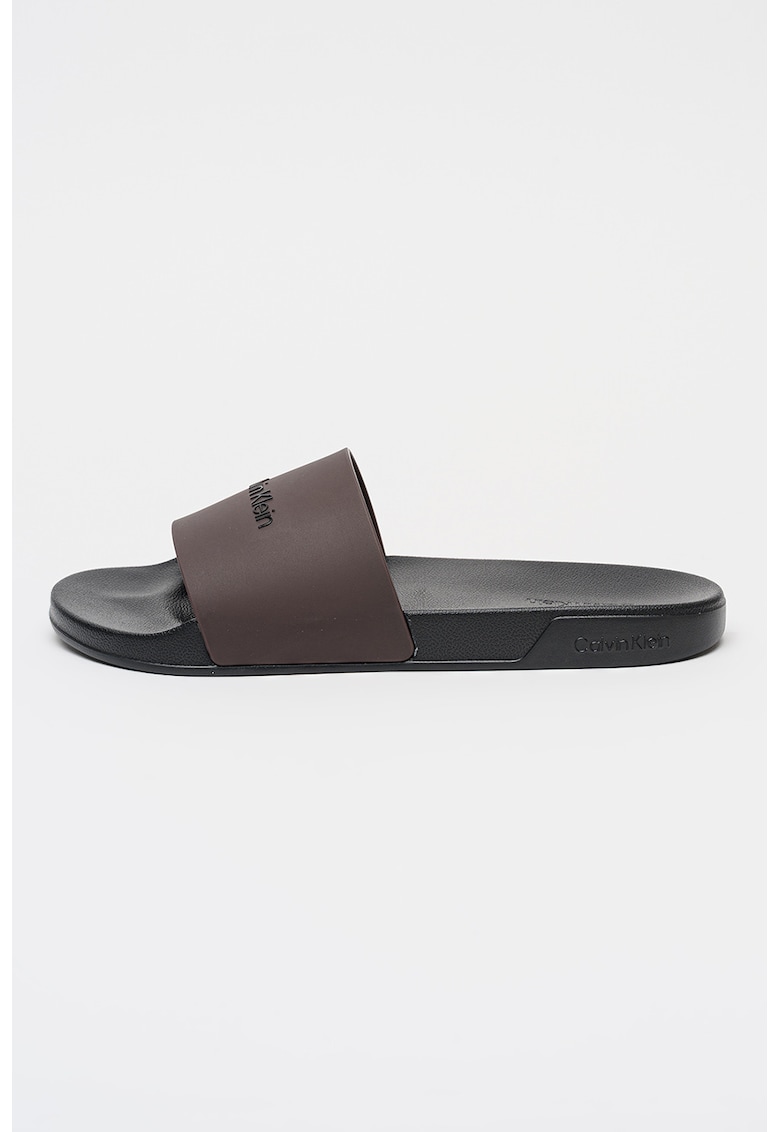 Papuci de piele ecologica cu logo - Maro cognac