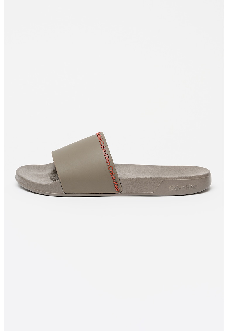 Papuci de piele ecologica cu logo - Coral/Maro pamantiu