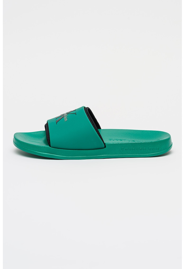 Papuci de piele ecologica cu imprimeu logo - Negru/Verde aquamarin