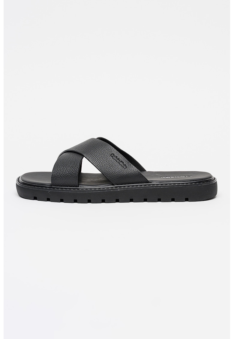 Papuci de piele cu logo - Negru