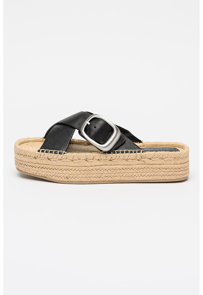 Papuci-espadrile cu barete de piele - Negru/Argintiu