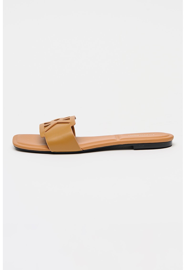 Papuci de piele cu logo - Caramel