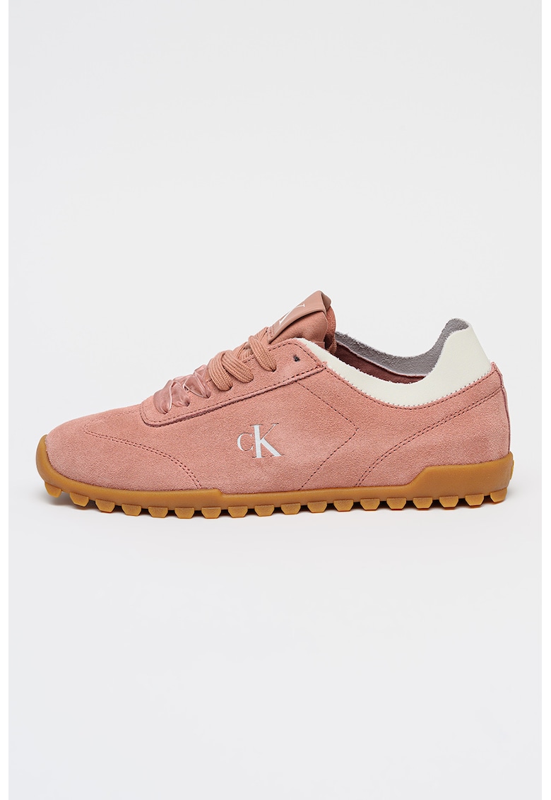 Pantofi sport din piele intoarsa cu sireturi cu texturi variate - Roz prafuit