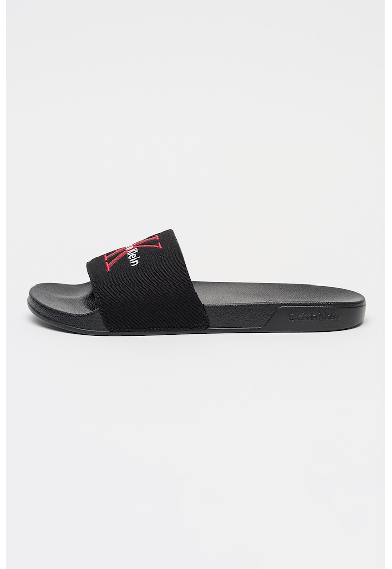 Papuci din material textil cu logo brodat Ess - Alb/Visiniu/Negru