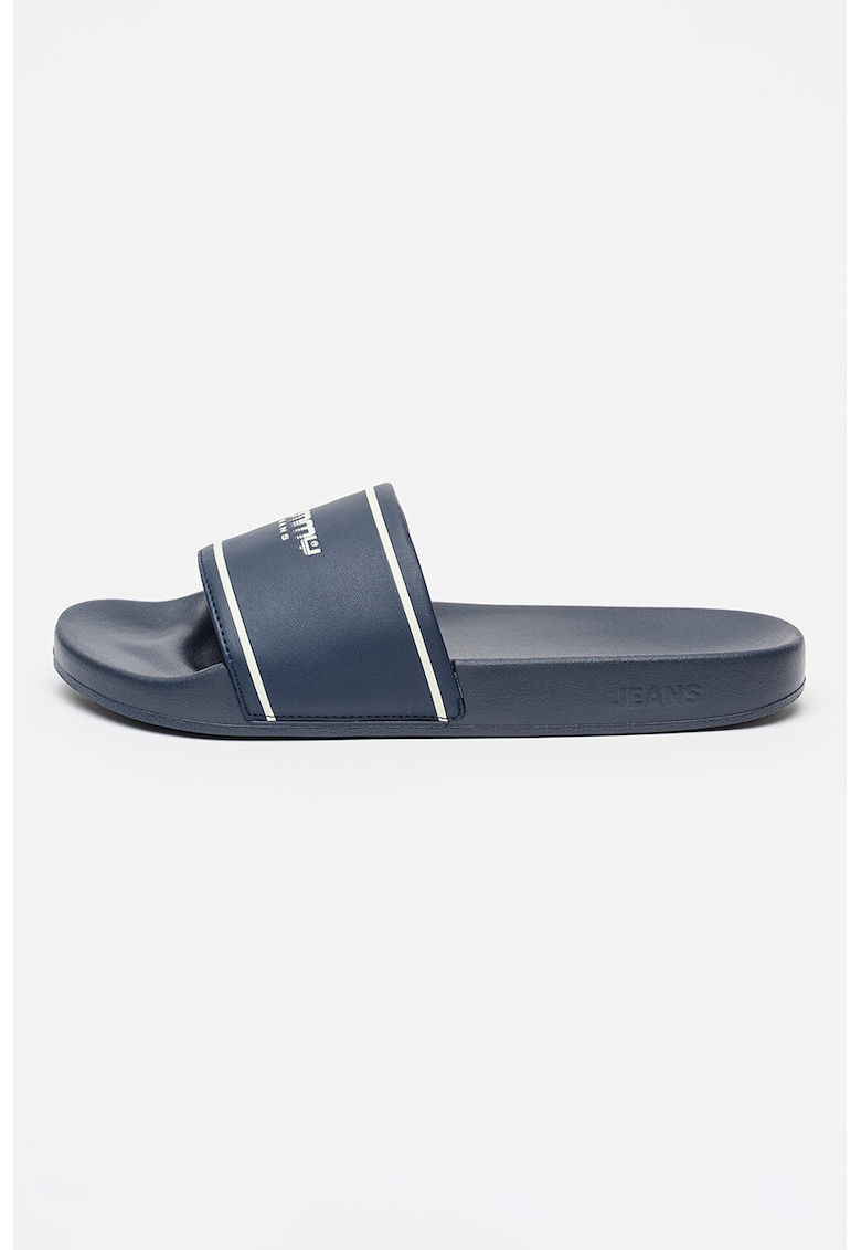 Papuci de piele ecologica cu logo - Alb optic/Bleumarin