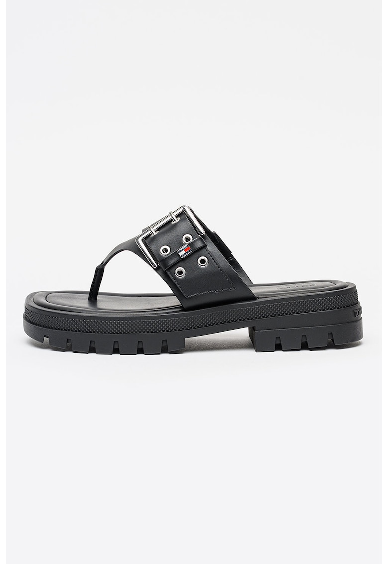 Papuci flip-flop de piele ecologica cu catarama - Negru/Argintiu