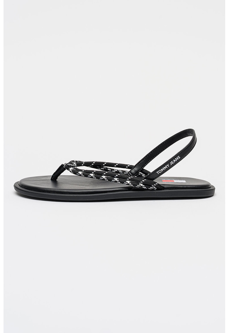 Sandale cu talpa plata - bareta in T si logo - Alb/Negru