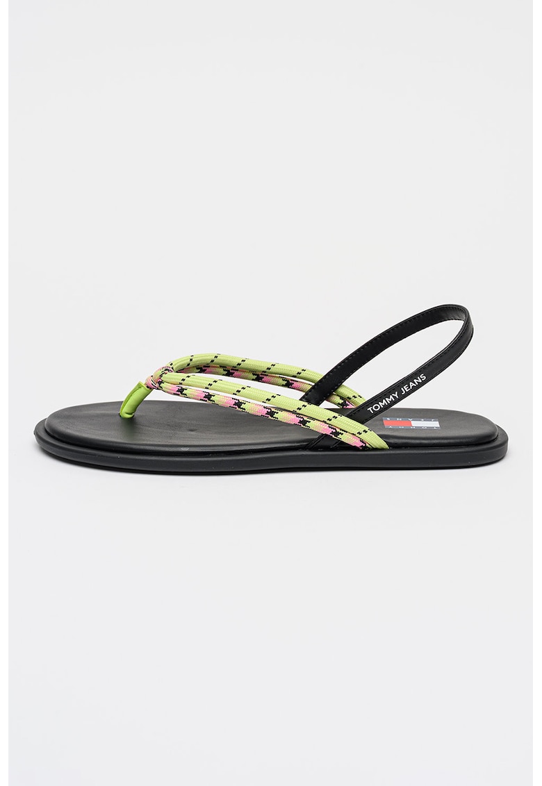 Sandale cu talpa plata - bareta in T si logo - Negru/Roz pastel/Verde lime