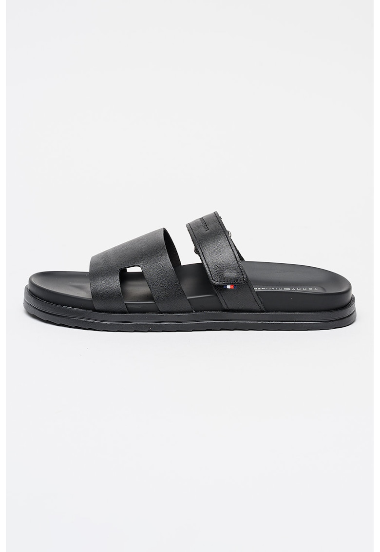 Papuci de piele cu bareta velcro - Negru