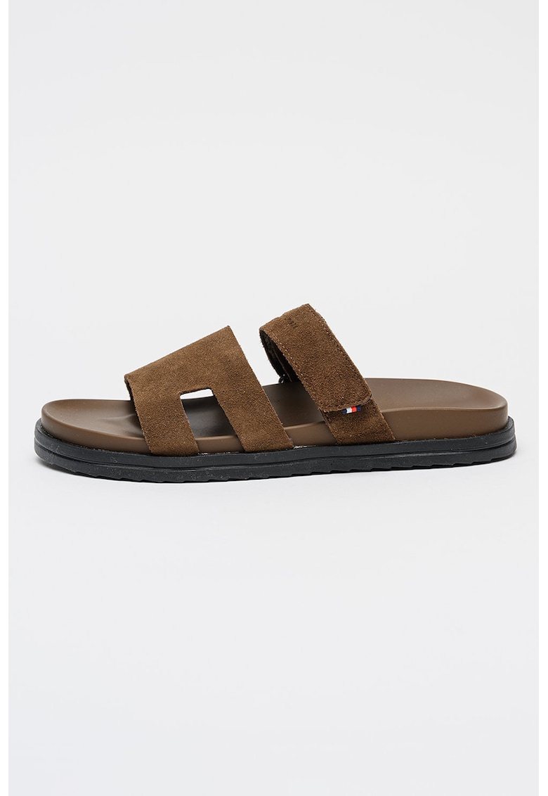Papuci de piele intoarsa cu bareta velcro - Maro inchis