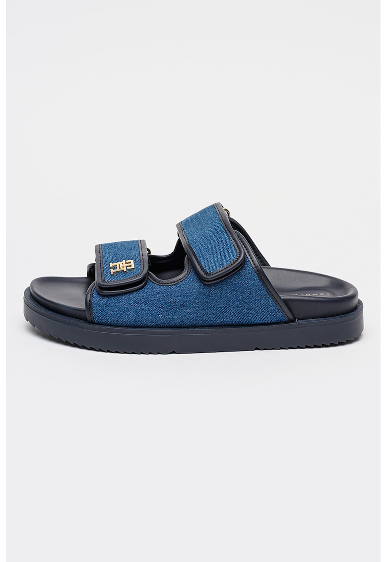 Papuci cu logo si velcro - Auriu/Albastru inchis