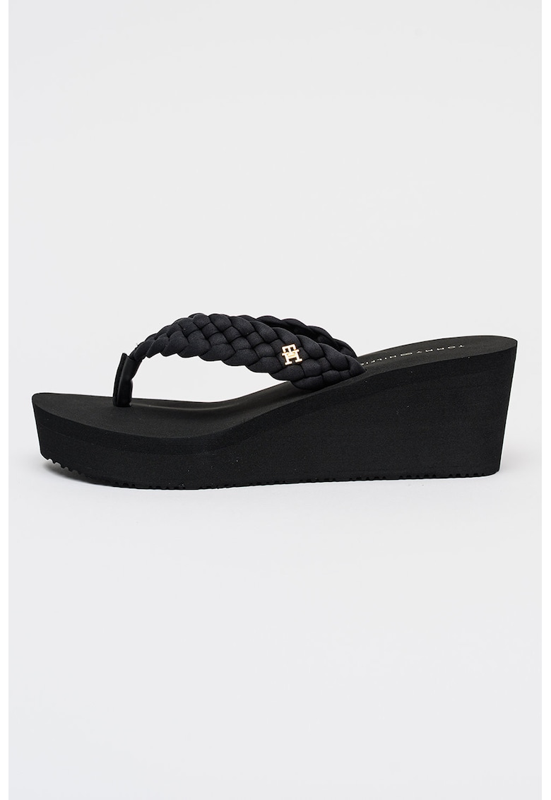 Papuci flip-flop cu talpa wedge si logo - Auriu/Negru