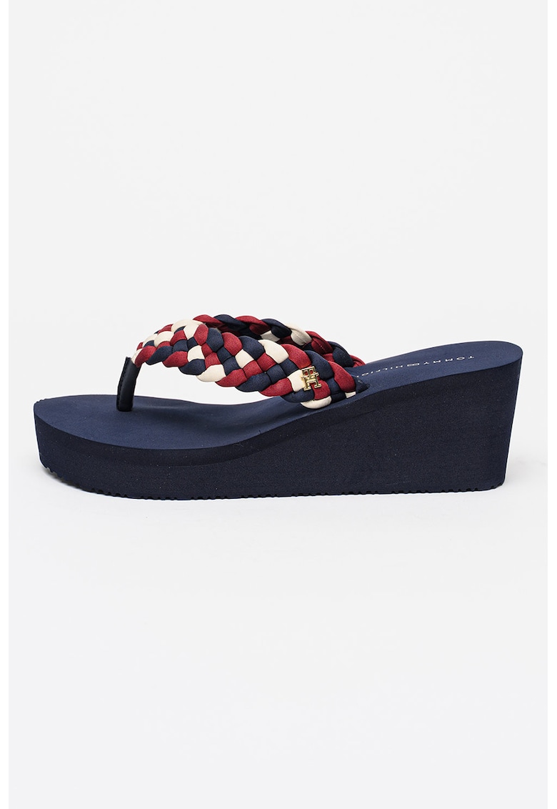 Papuci flip-flop cu talpa wedge si logo - Alb/Visiniu/Bleumarin