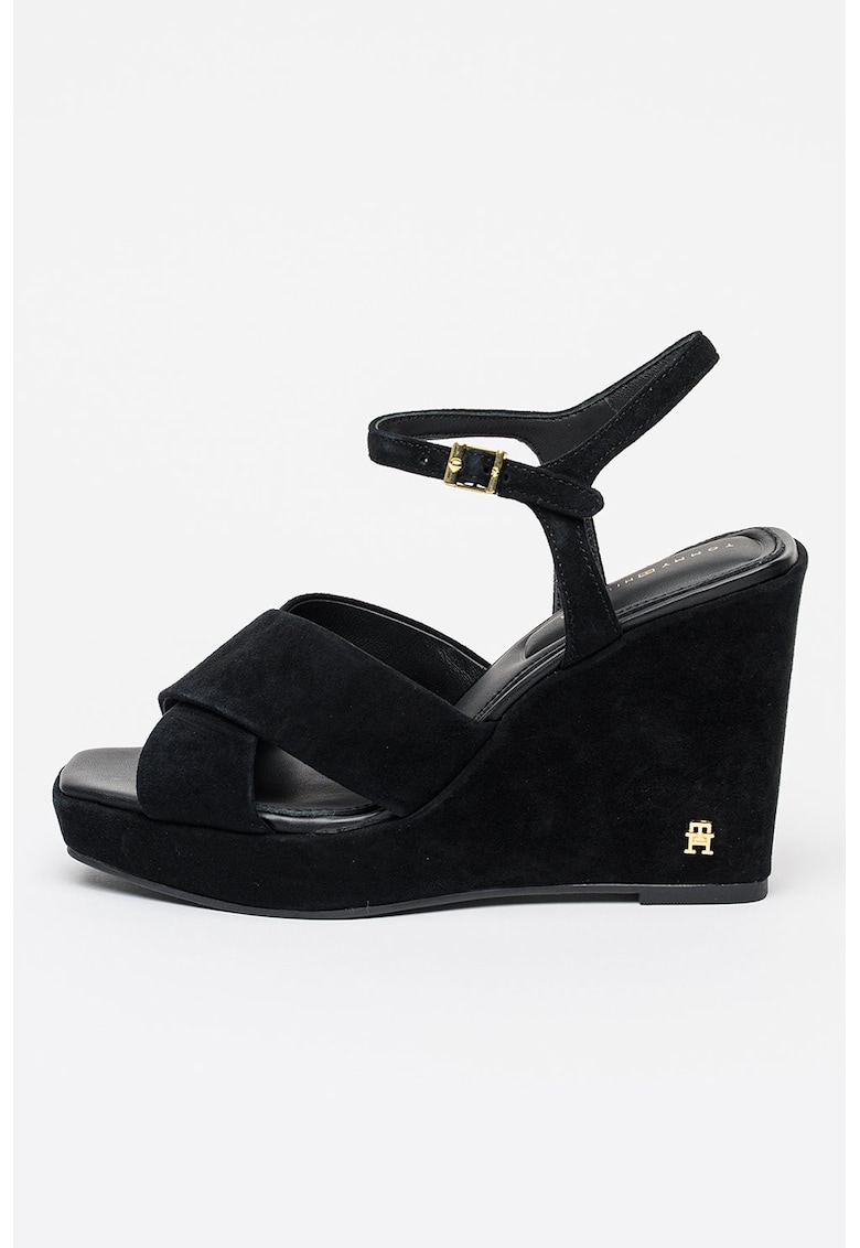Sandale wedge din piele intoarsa - Negru