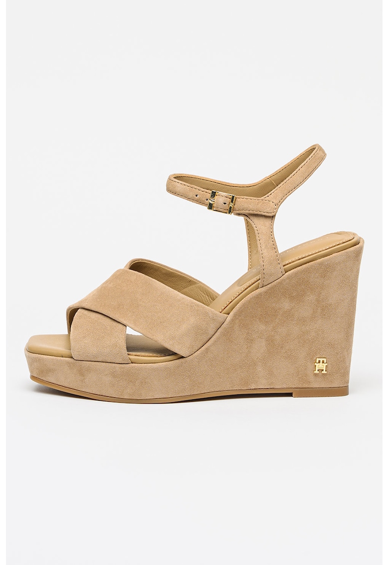 Sandale wedge din piele intoarsa - Maro nisip