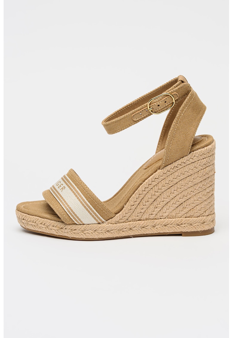 Espadrile din denim cu talpa wedge si logo Safari - Auriu/Maro deschis