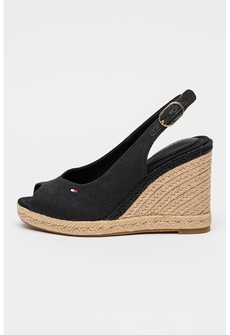 Sandale slingback din material textil si talpa wedge - Negru