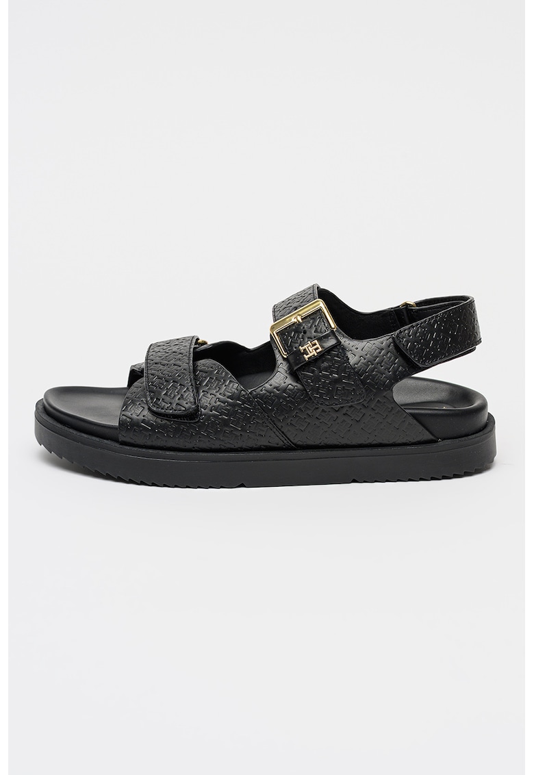 Sandale din piele cu model logo stantat - Auriu/Negru