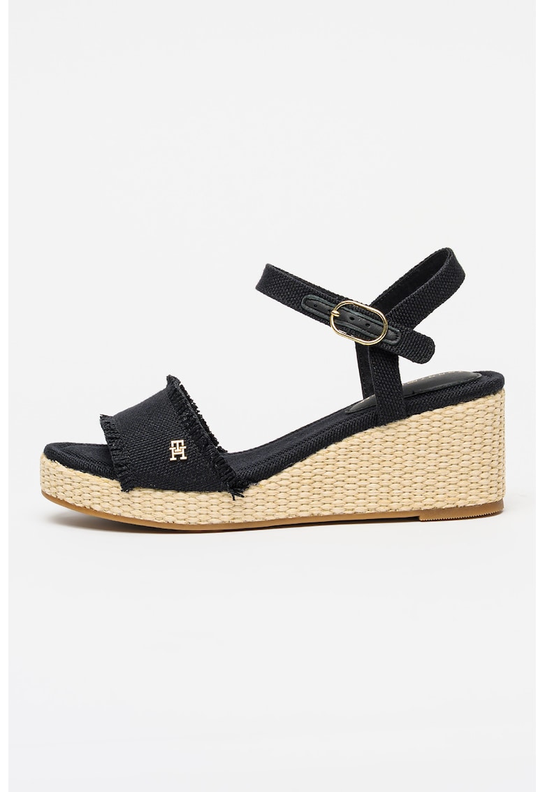 Sandale din material textil cu talpa wedge si franjuri - Auriu/Negru