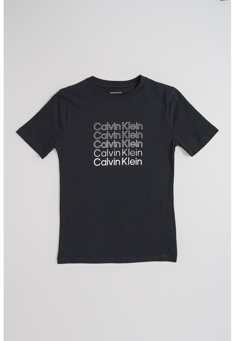 Tricou din bumbac organic cu imprimeu logo cu decolteu la baza gatului - Negru
