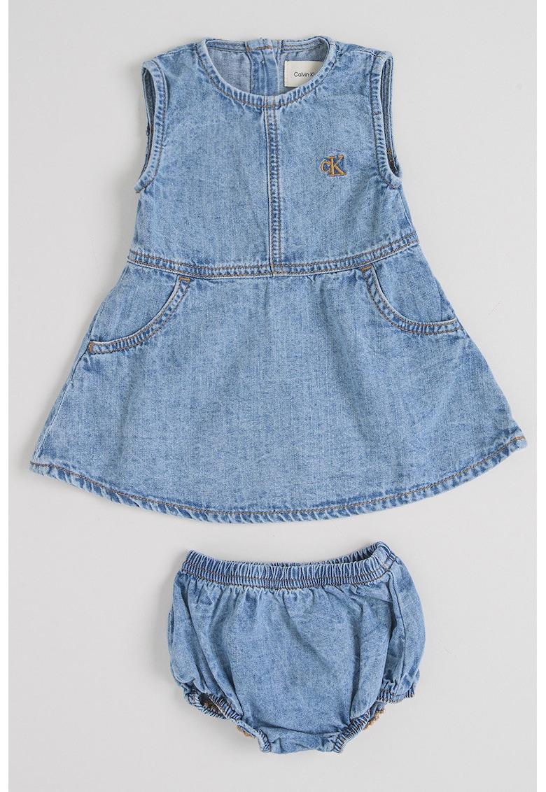 Rochie din bumbac organic cu pantaloni scurti integrati - Albastru