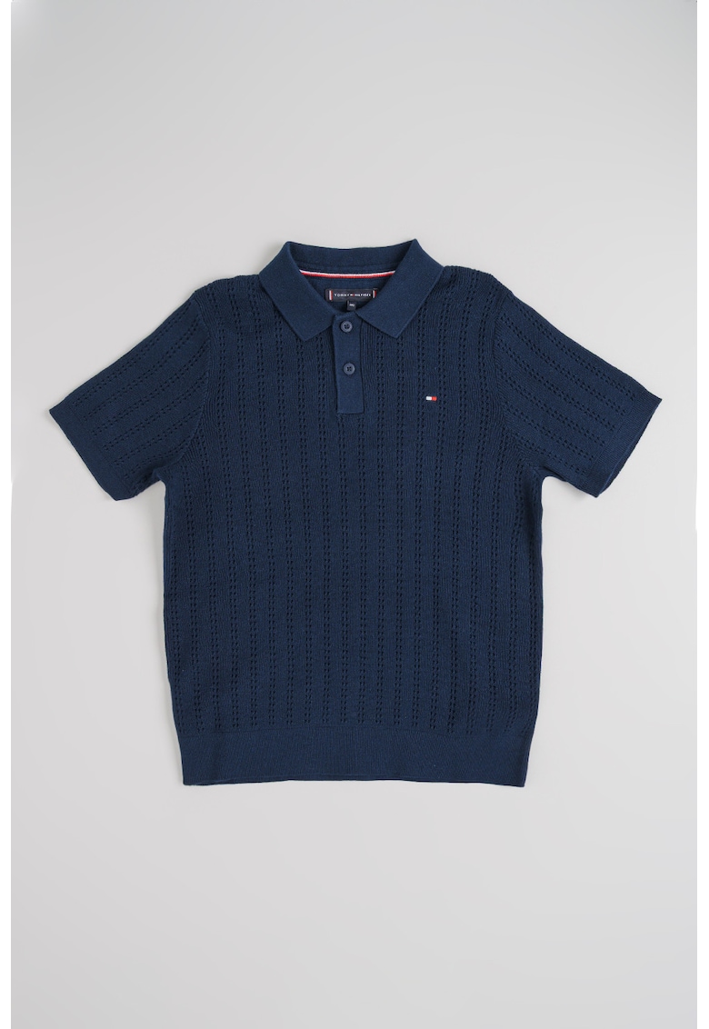 Tricou polo din tricot cu perforatii - Bleumarin