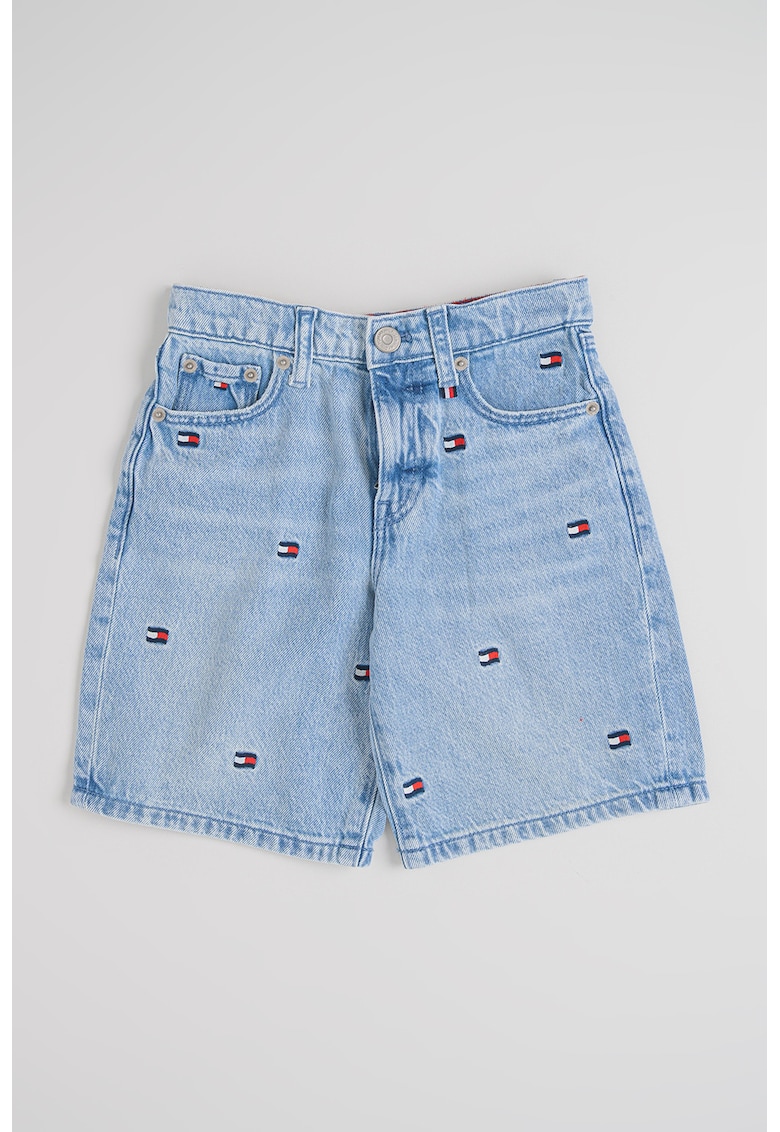 Bermude de denim cu broderie Wavy Flag - Albastru