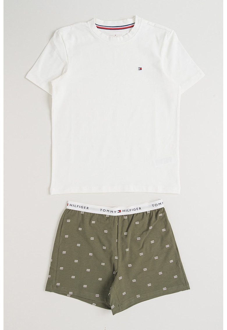 Pijama din amestec de bumbac cu pantaloni scurti - Verde masliniu/Alb optic
