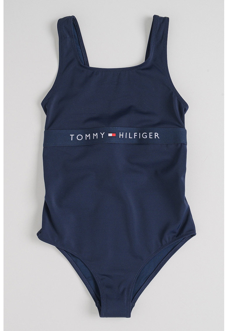 Costum de baie intreg cu logo - Alb optic/Bleumarin
