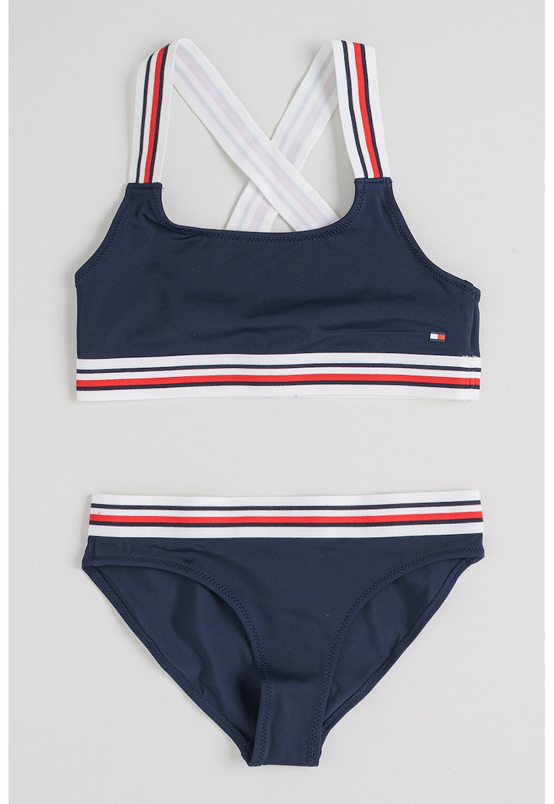 Costum de baie din doua piese cu bretele incrucisate pe spate - Rosu/Alb optic/Bleumarin