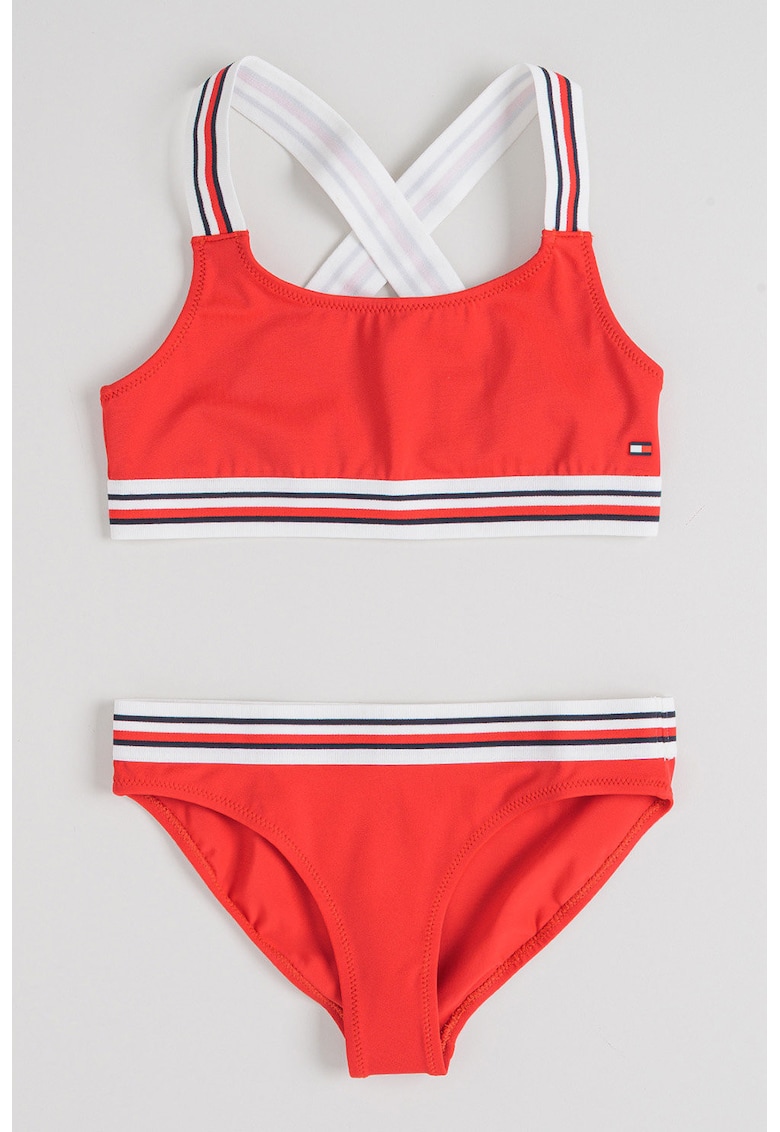Costum de baie din doua piese cu bretele incrucisate pe spate - Rosu/Alb optic
