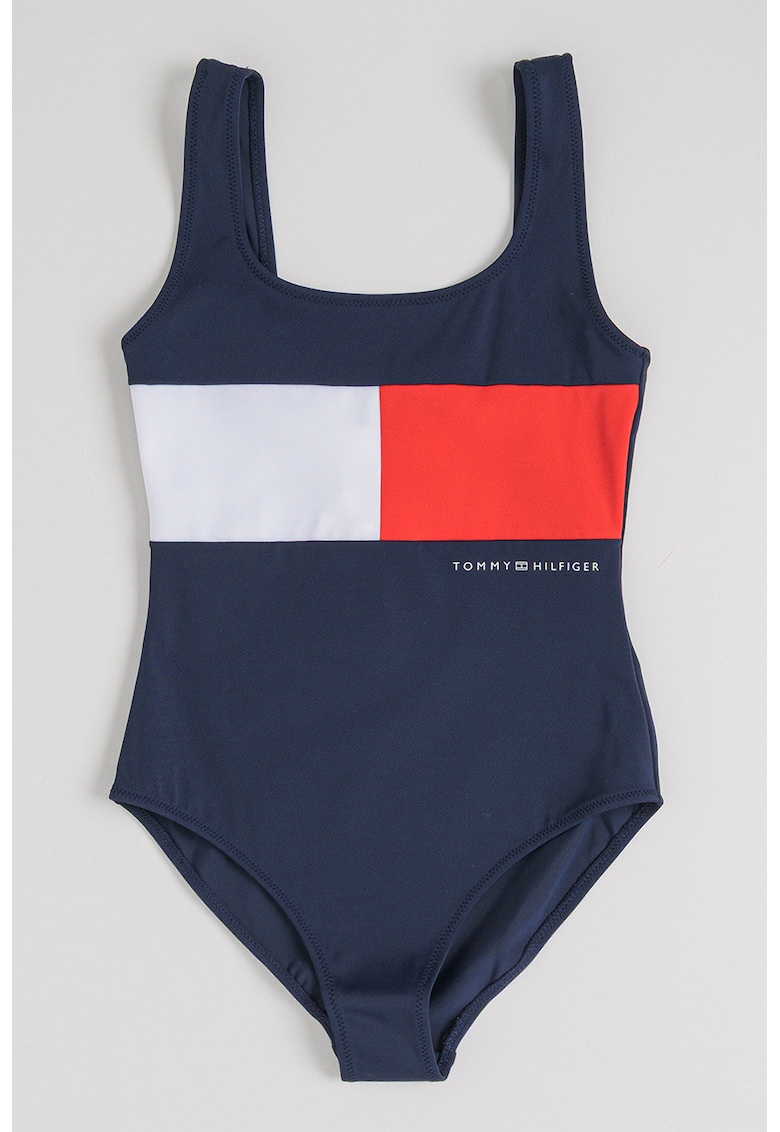 Costum de baie intreg cu logo - Rosu/Alb optic/Bleumarin