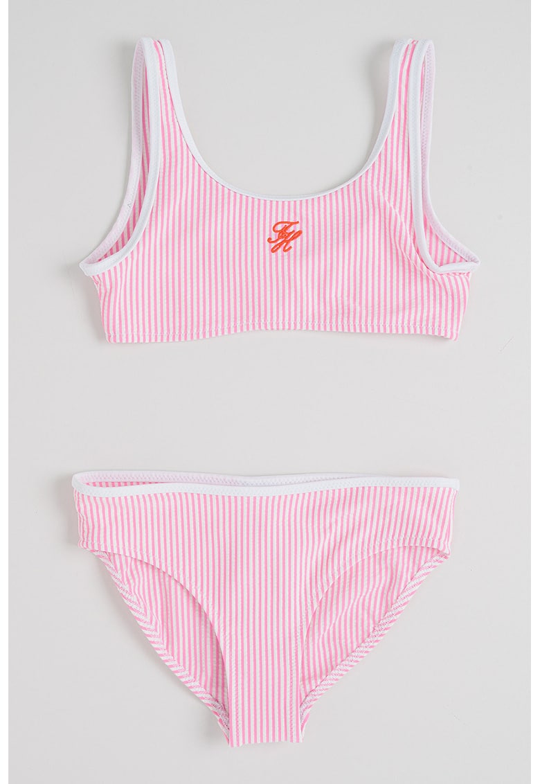 Costum de baie din doua piese cu logo brodat - Roz pastel/Alb optic
