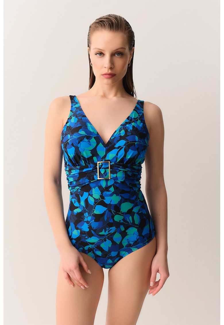 Costum de baie intreg cu o curea - Negru/Verde lime/Albastru