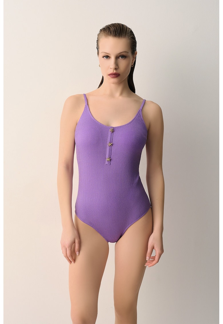 Costum de baie intreg texturat cu detalii metalice - Lila
