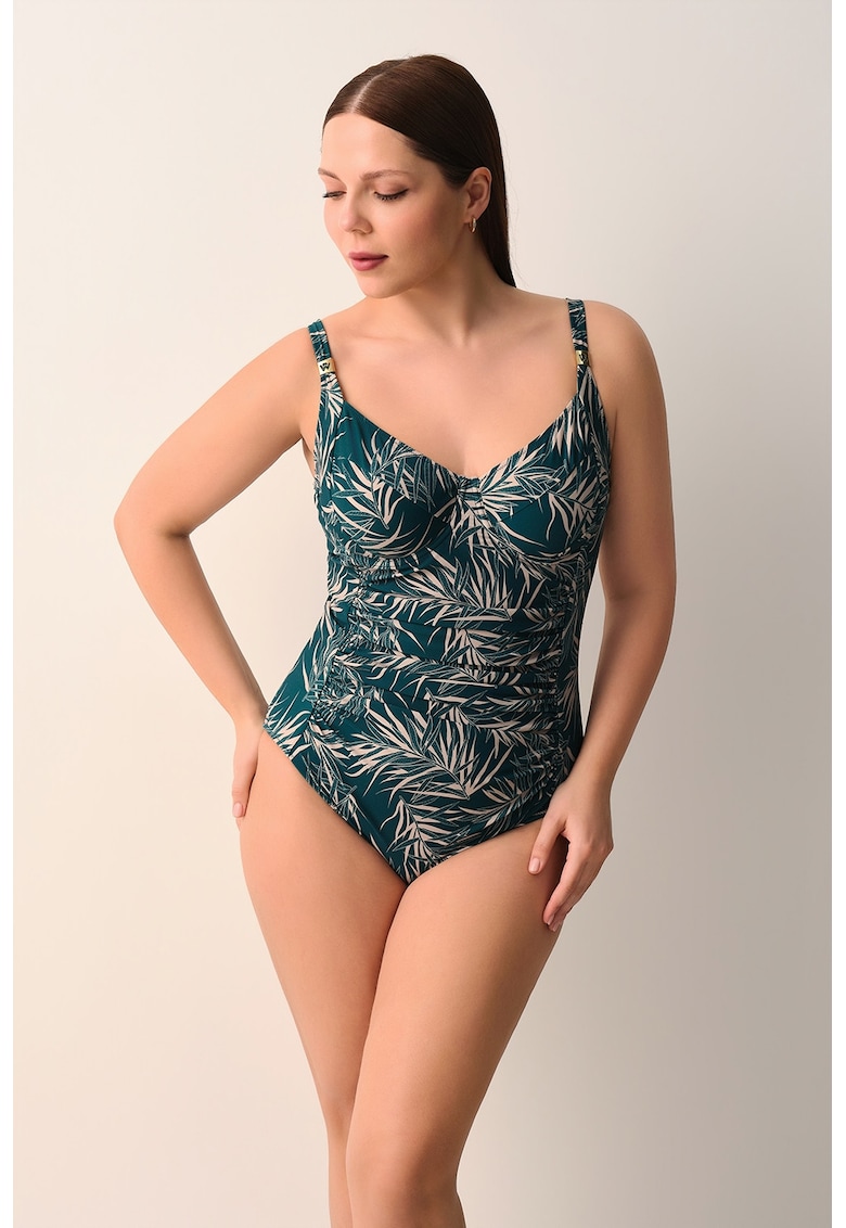 Costum de baie intreg cu imprimeu tropical - Verde englez/Maro camel