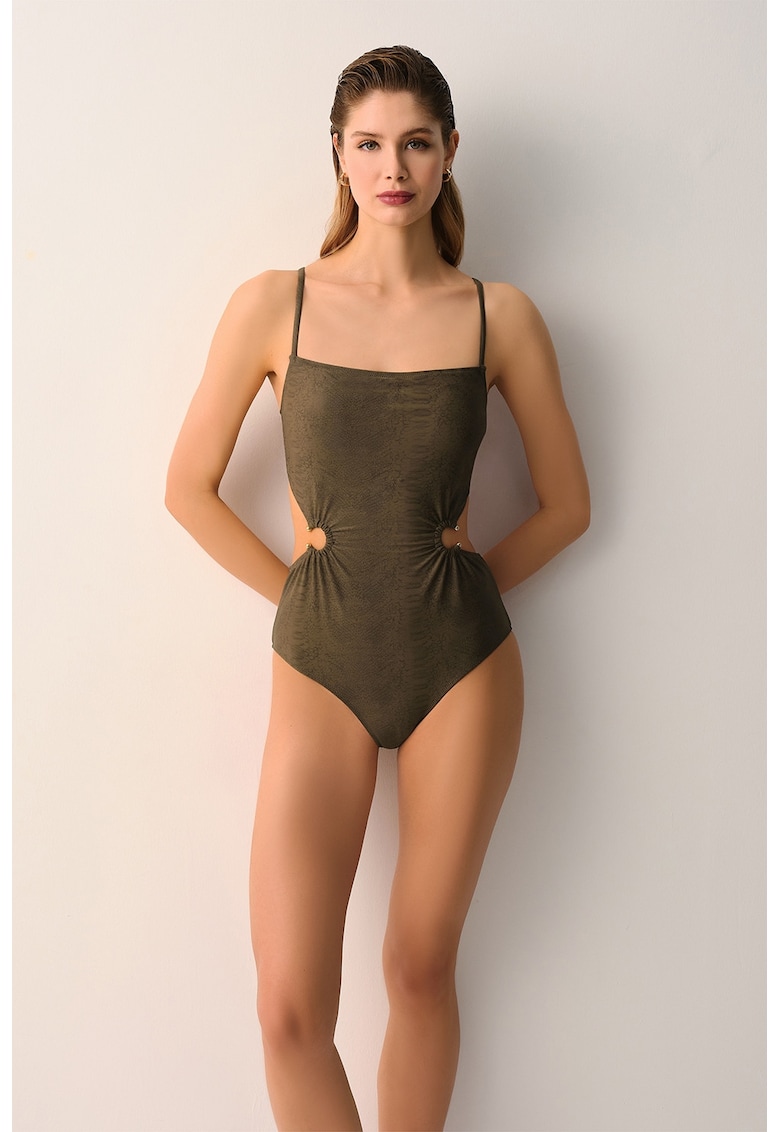 Costum de baie intreg cu model piele de reptila - Kaki inchis