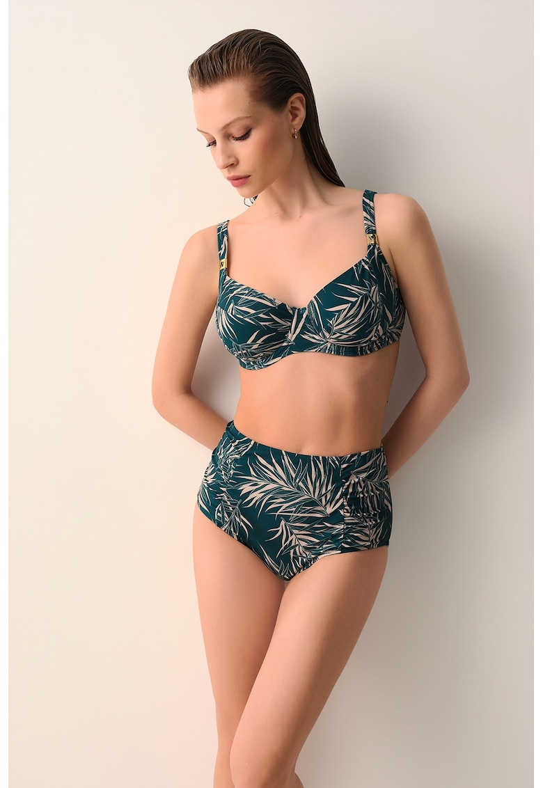 Sutien de baie cu cupe balconette si imprimeu tropical - Maro nisip/Verde englez